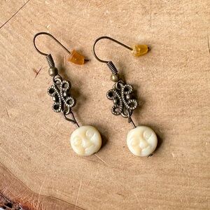 Boho Antique Gold Brass Vintage Moon Face Earrings